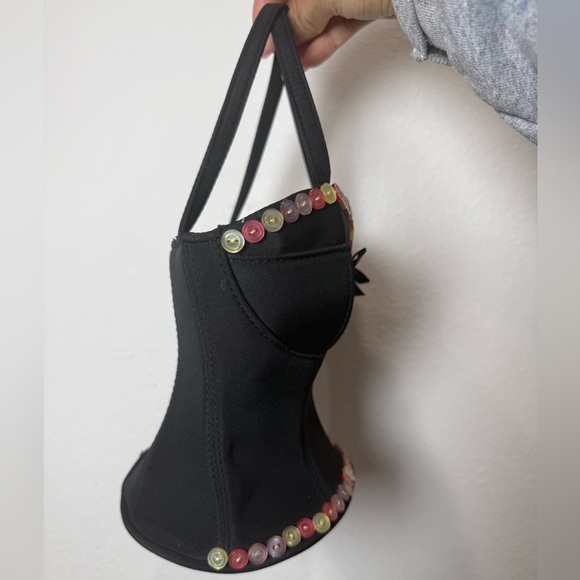 Vintage Y2K Black Mini Satin Handbag Button Trim Top Handle Bag 90s Party Purse - Picture 2 of 6